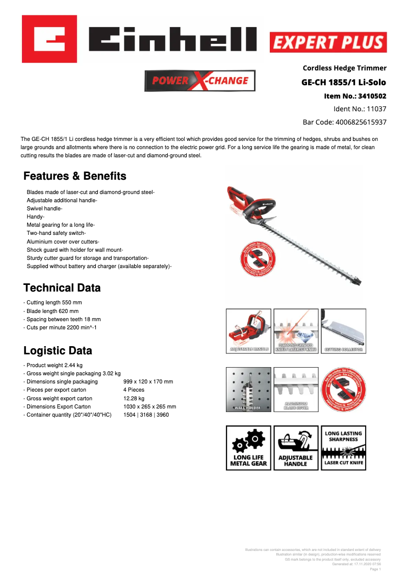 Page 1 de la notice Fiche technique Einhell GE-CH 1855/1 Li-Solo