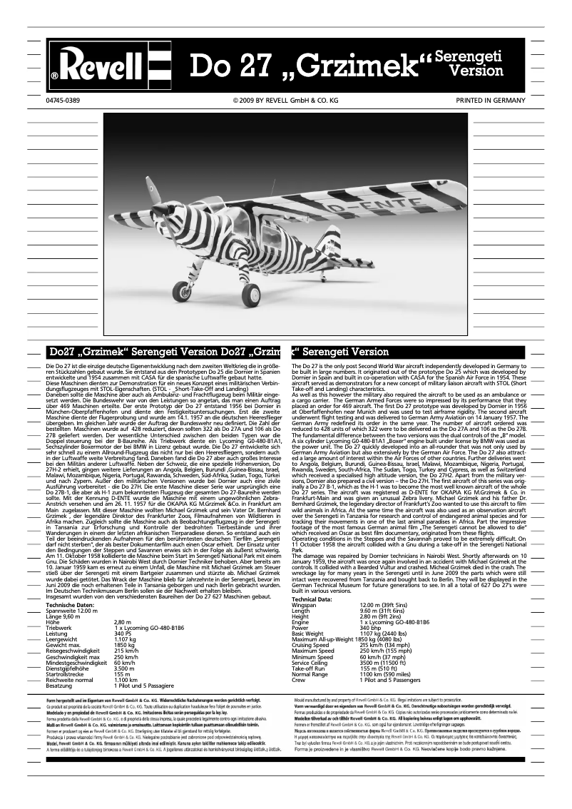 Page n°1 - Manuel utilisateur Revell Do 27 "Grzimek" Serengeti Version