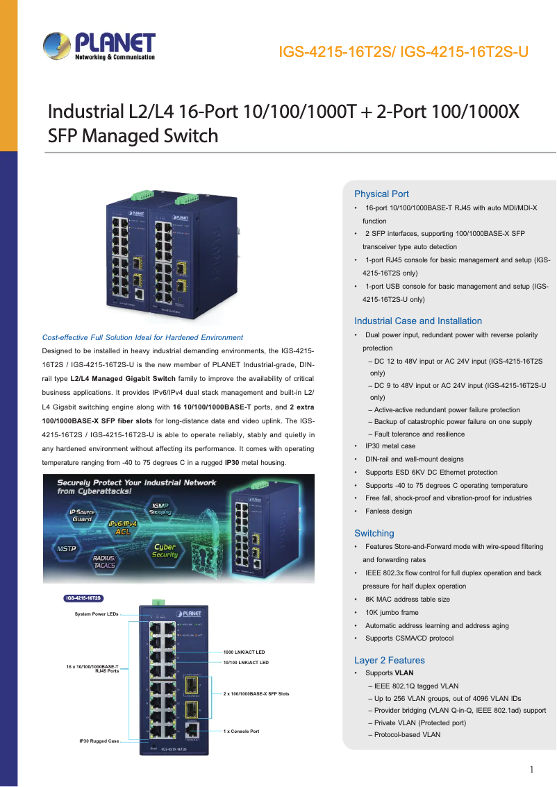 Page 1 de la notice Fiche technique Planet IGS-4215-16T2S-U