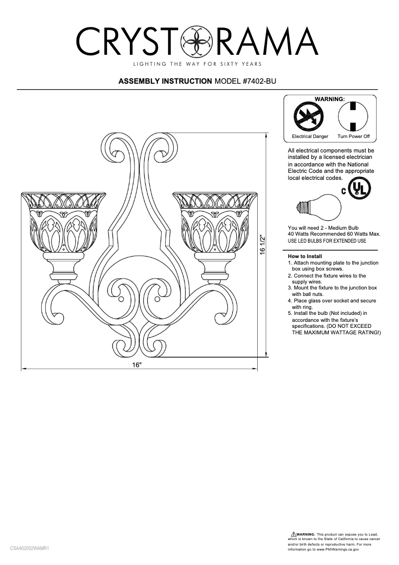 Page 1 de la notice Manuel utilisateur Crystorama Norwalk 7402-BU