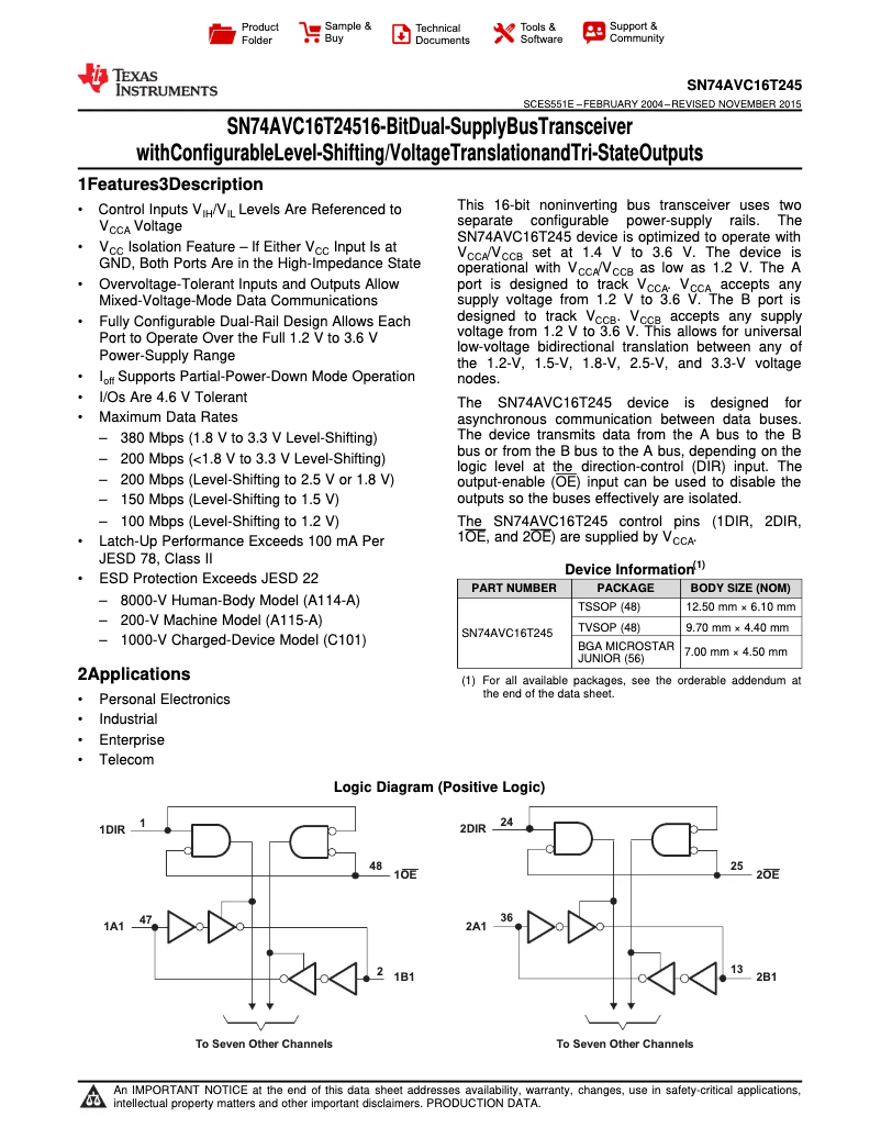 Image de la première page du manuel de l'appareil SN74AVC16T245DGVR
