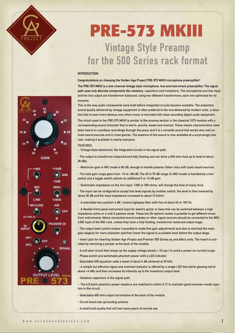Page 1 de la notice Manuel utilisateur Golden Age Project PRE-573 MKIII