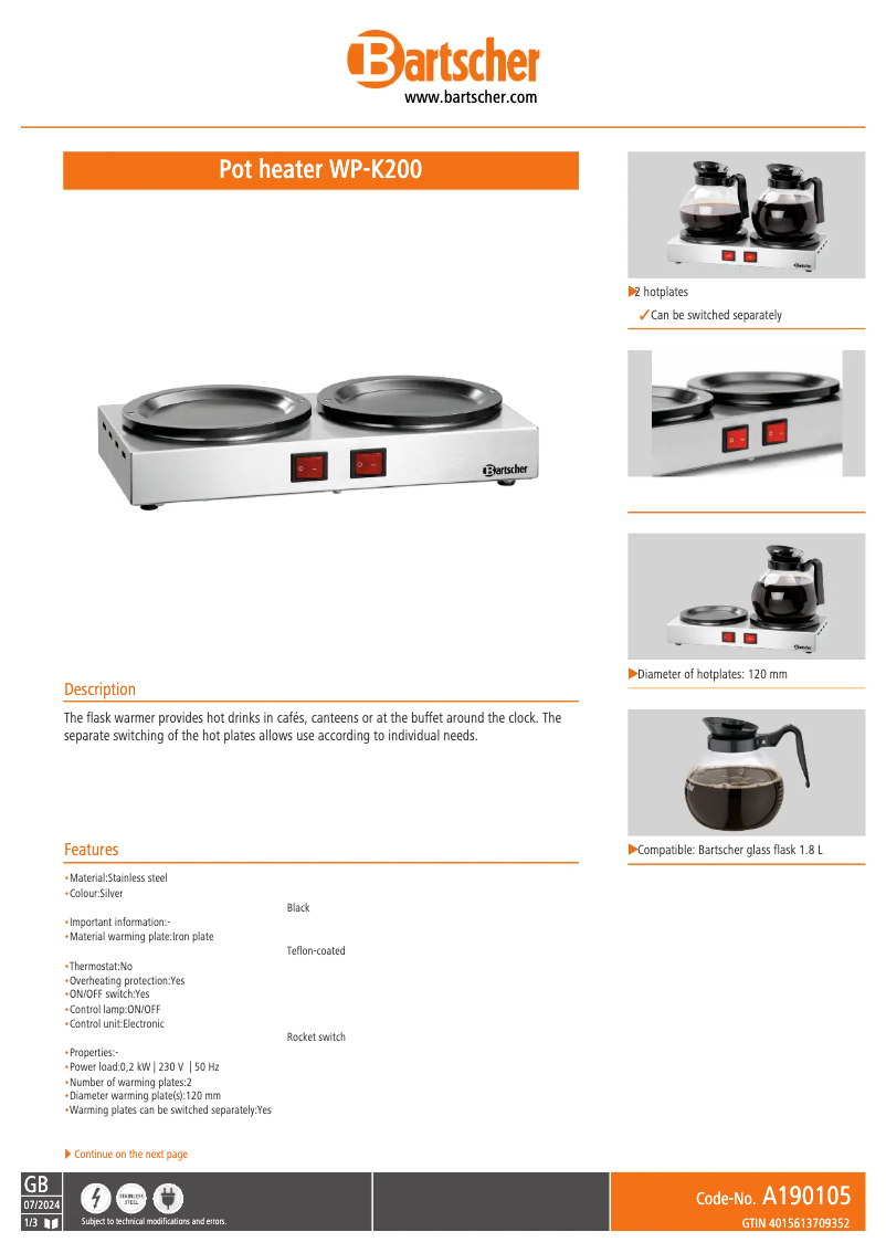 Page n°1 - Fiche technique Bartscher WP-K200