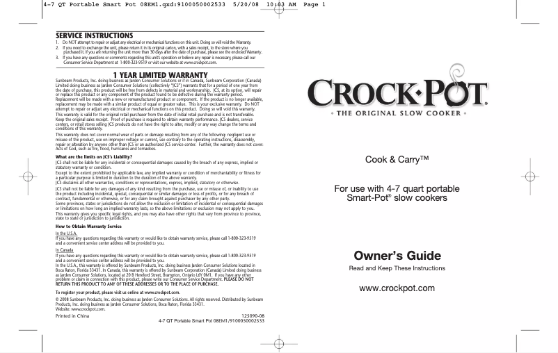 Image de la première page du manuel de l'appareil Cook & Carry SCCPCTS605-S