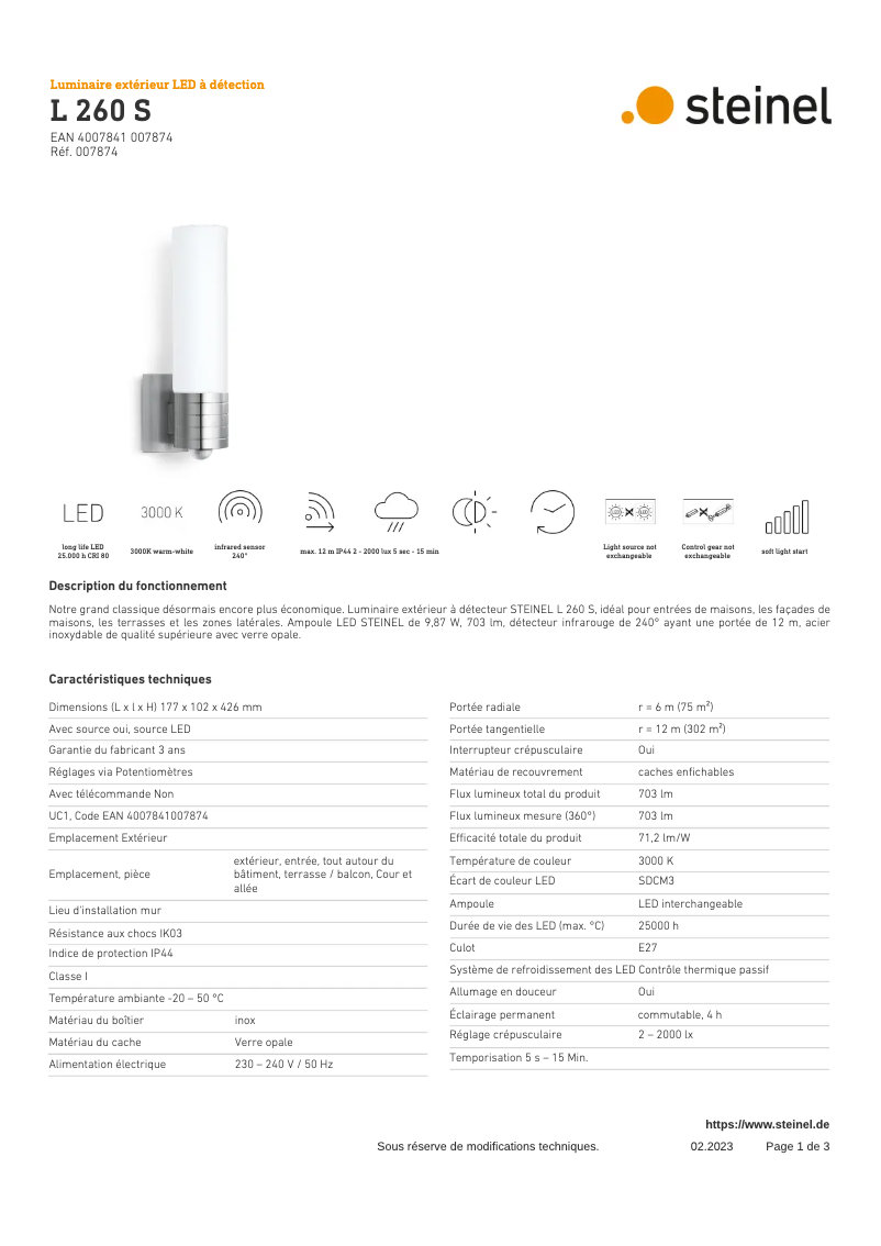 Page 1 de la notice Fiche technique Steinel L 260 S