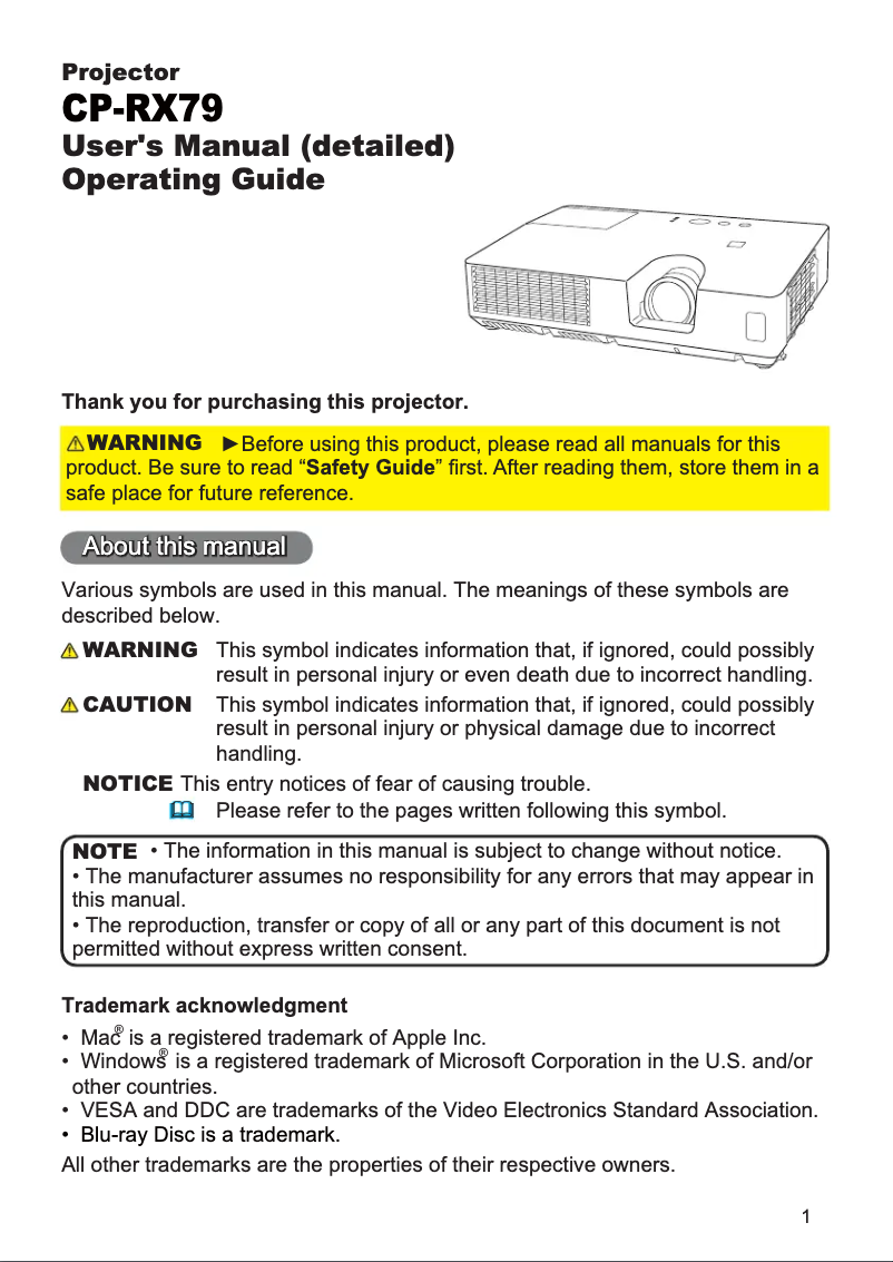 Página 1 del manual Manual de usuario Hitachi CP-RX79EP