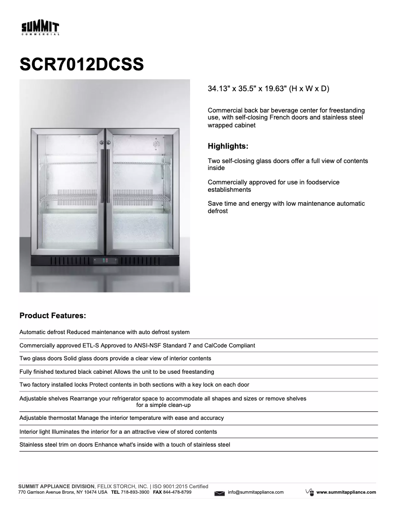 Page n°1 - Fiche technique Summit Commercial SCR7012DCSS