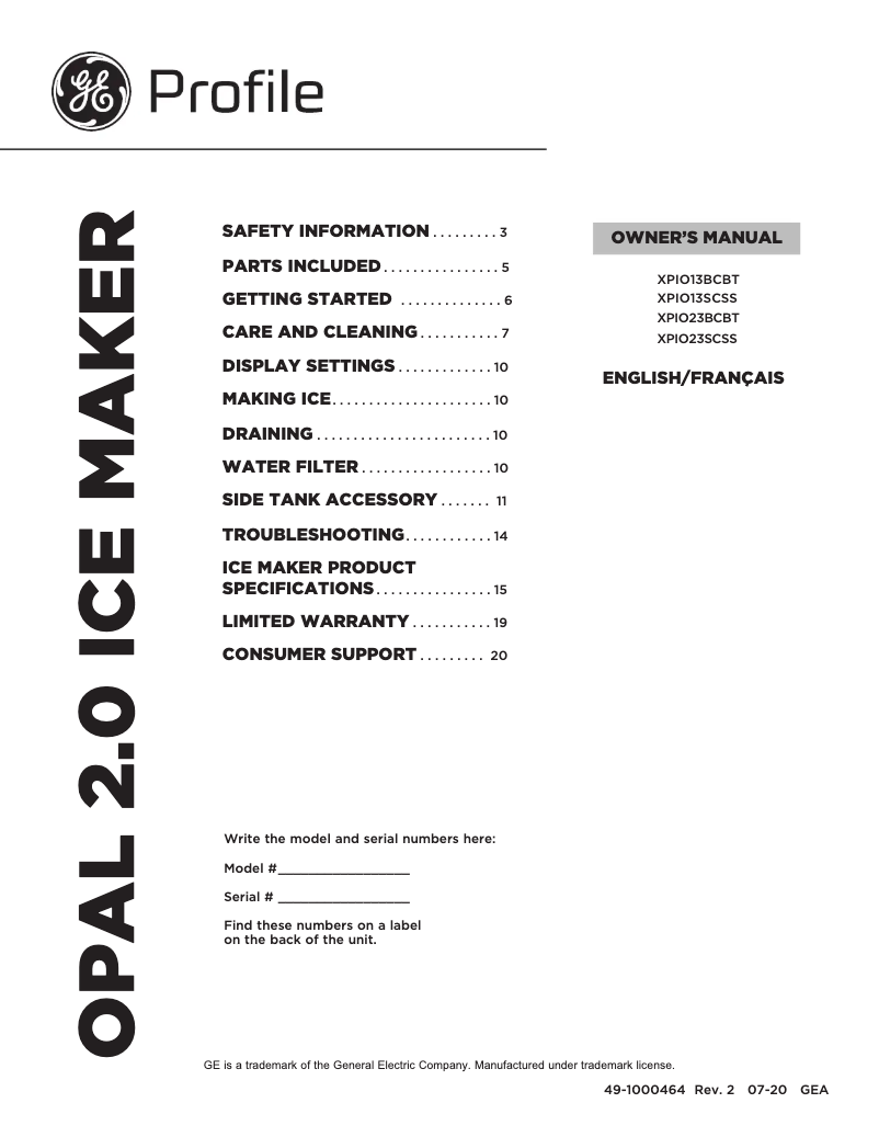 Image de la première page du manuel de l'appareil Profile Opal XPIO13BCBT