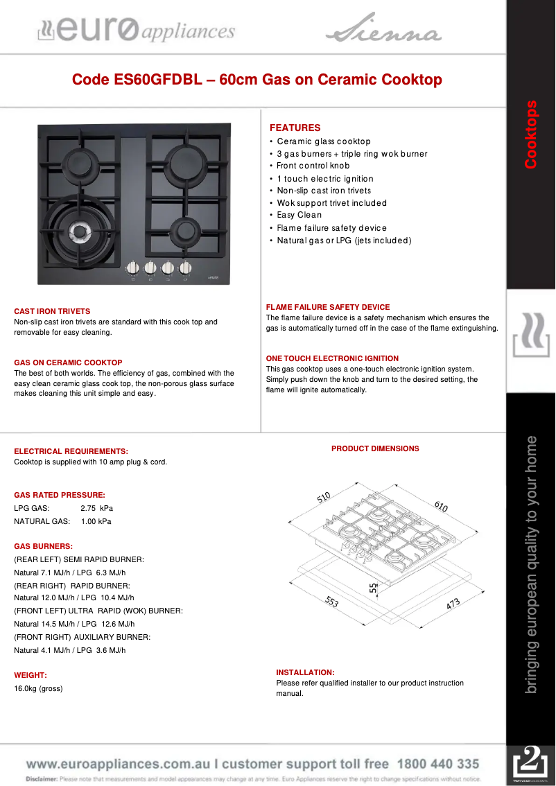 Page 1 de la notice Fiche technique Euro Appliances ES60GFDBL