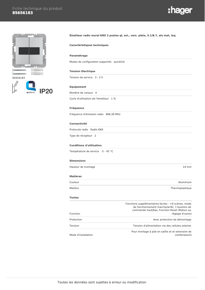 Page n°1 - Fiche technique Hager 85656183