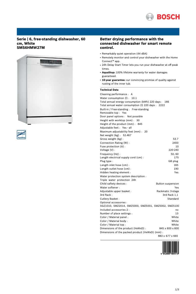 Page n°1 - Fiche technique Bosch SMS6HMW27M