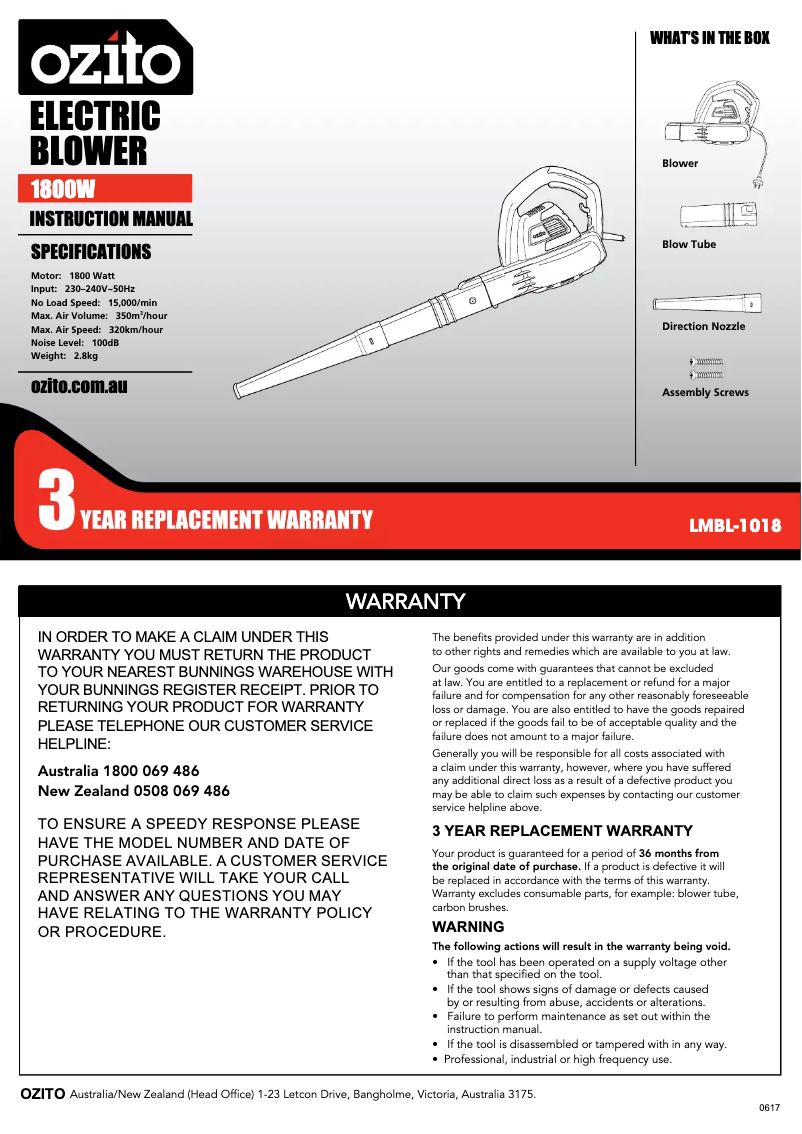 Página 1 del manual Manual de instrucciones Ozito LMBL-1018