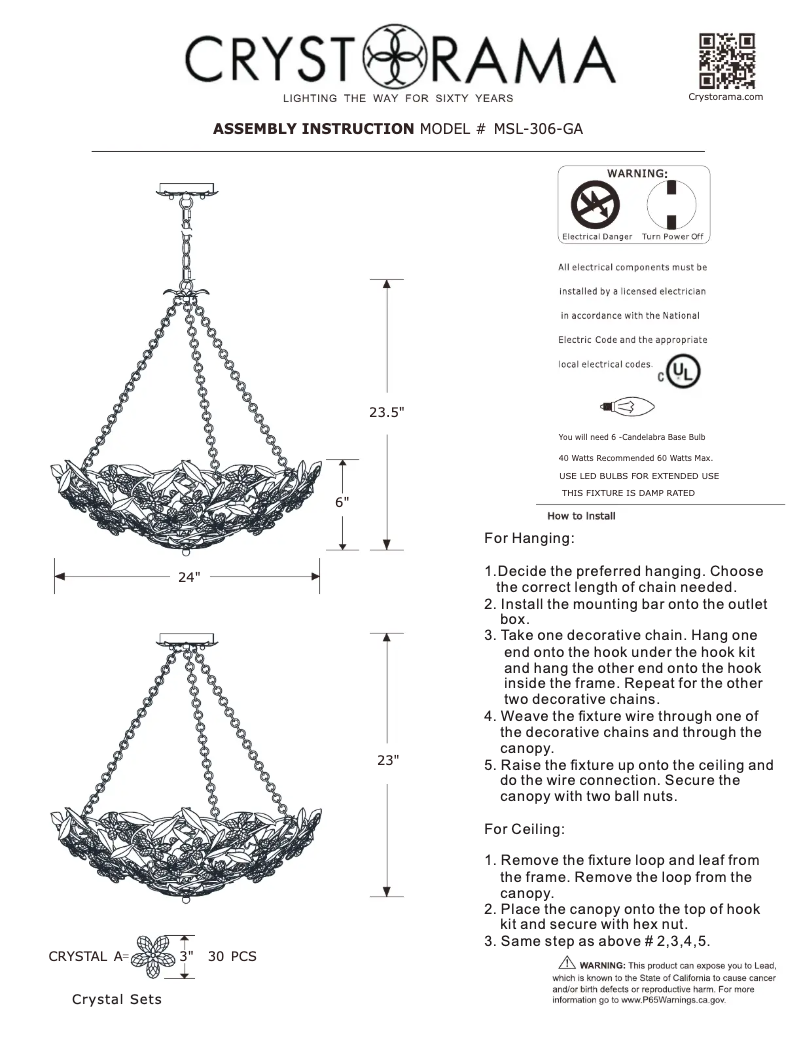 Page 1 de la notice Manuel utilisateur Crystorama Marselle MSL-306-GA