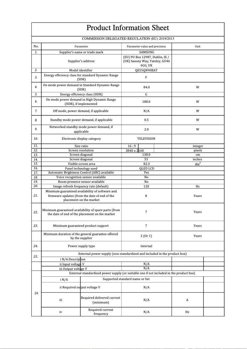 Page n°1 - Fiche technique Samsung QE55QN90BAT