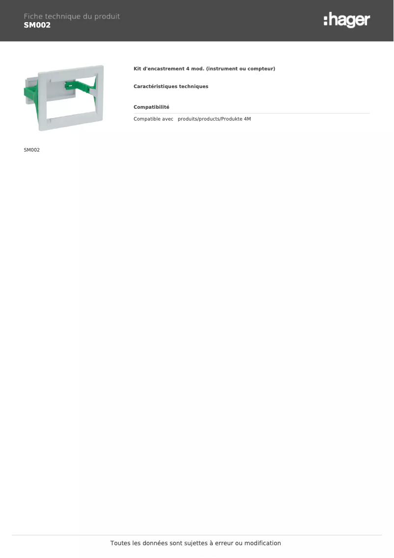 Page n°1 - Fiche technique Hager SM002