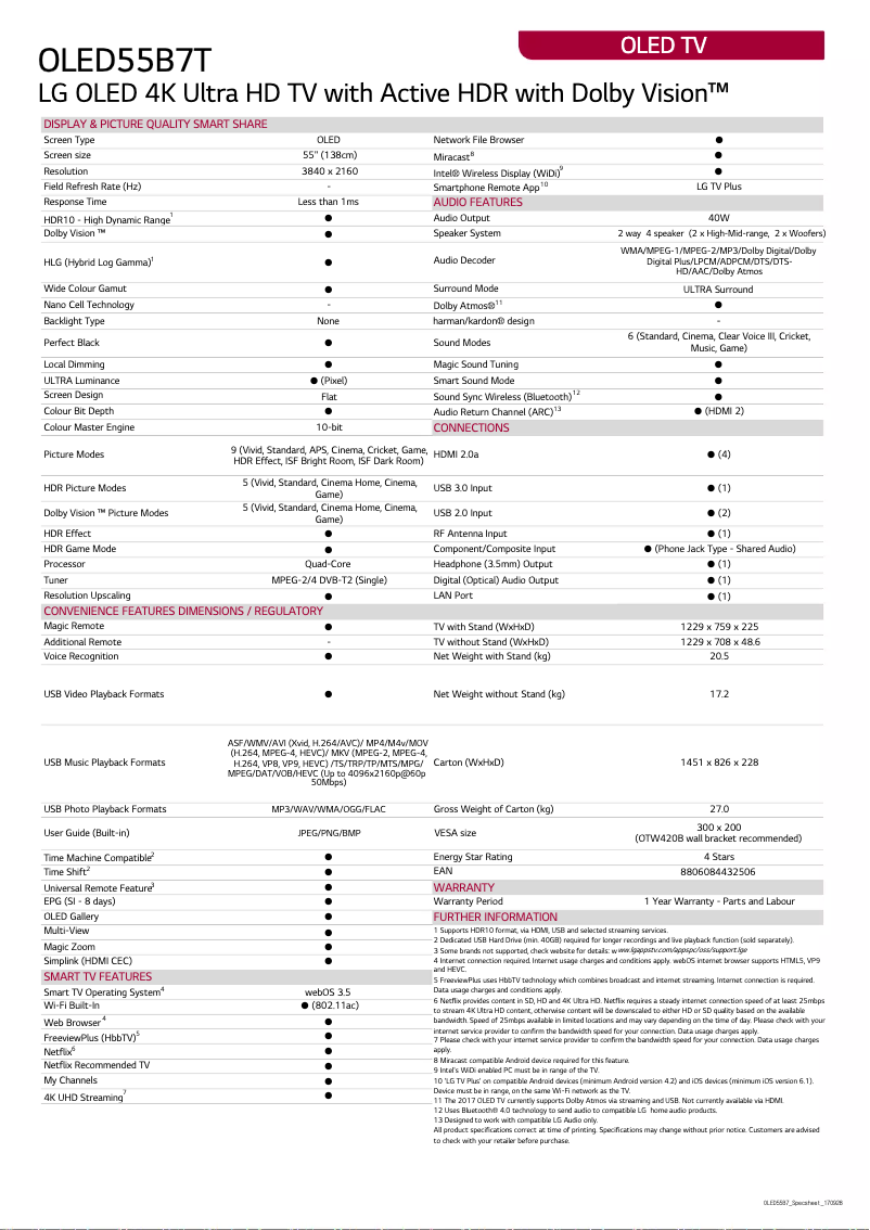 Page 1 de la notice Fiche technique LG OLED55B7T