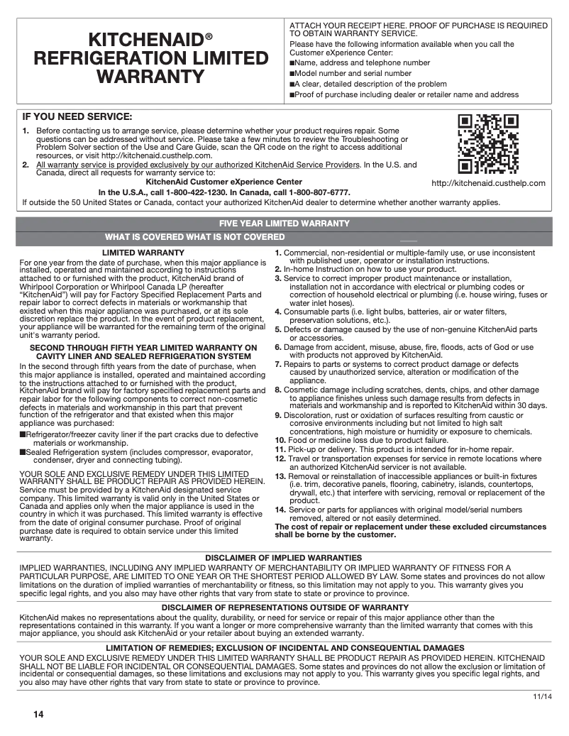 Page 1 de la notice Informations de garantie KitchenAid KURR104EPA