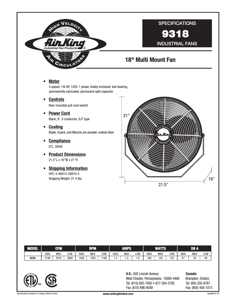 Page 1 de la notice Fiche technique Air King 9318
