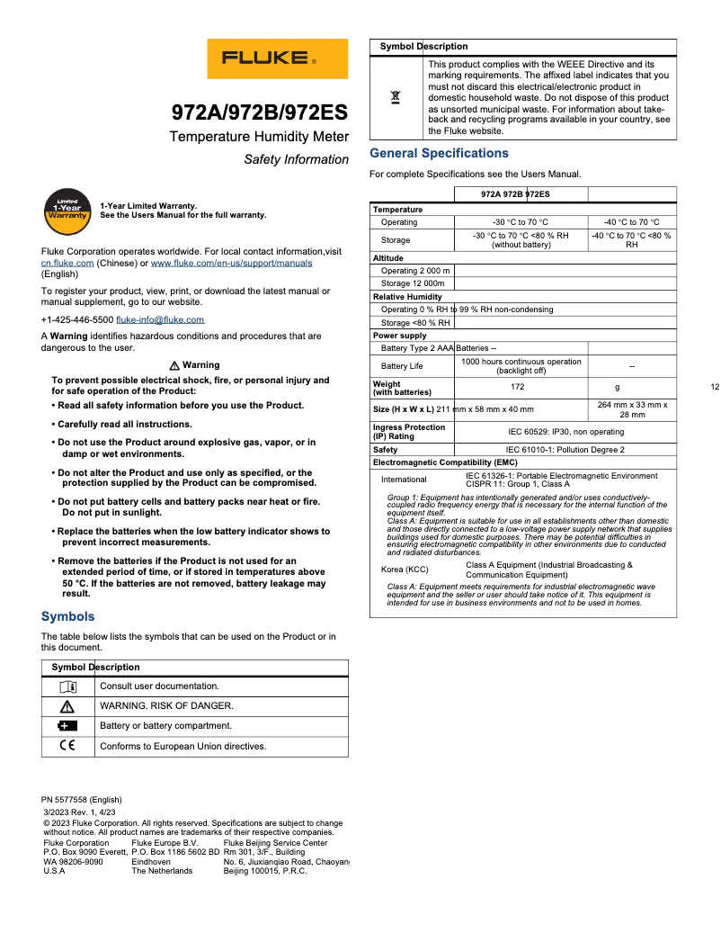 Página 1 del manual Instrucciones de seguridad Fluke 972B