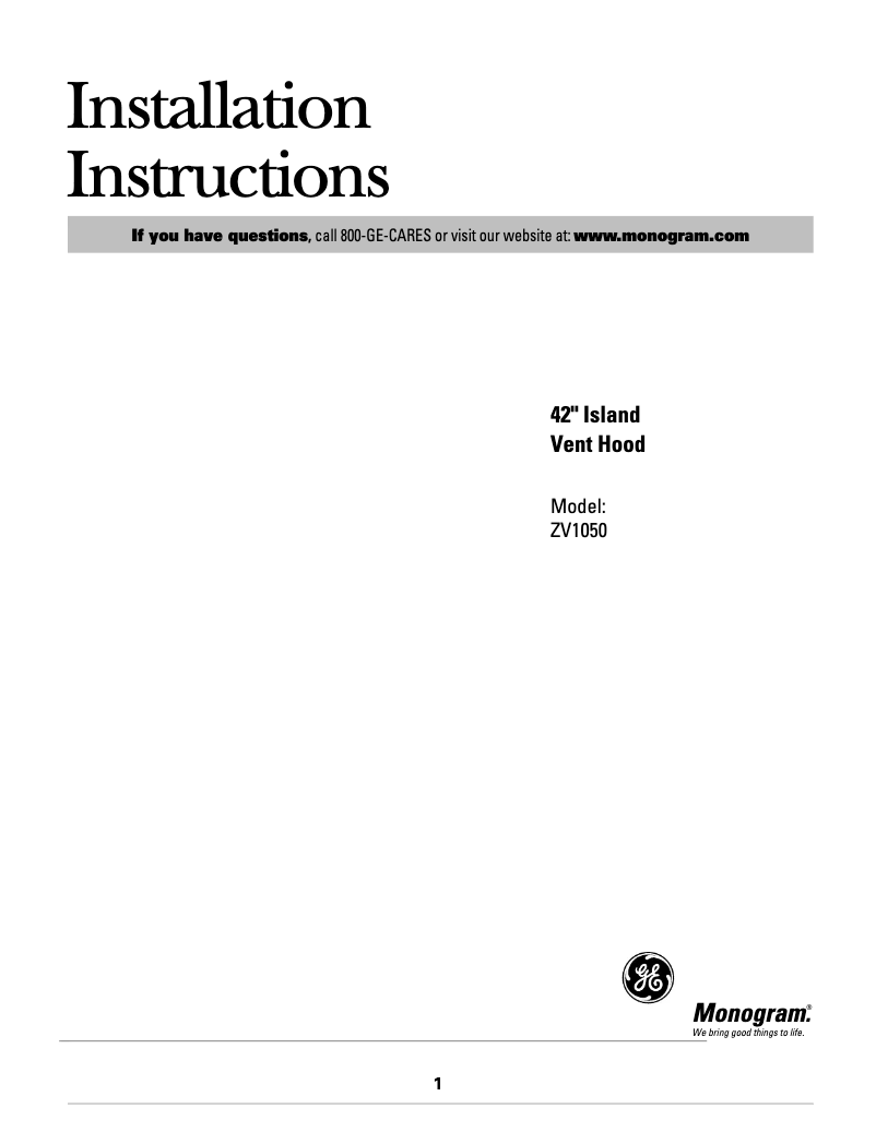Page n°1 - Guide d'installation Monogram ZV1050SFSS
