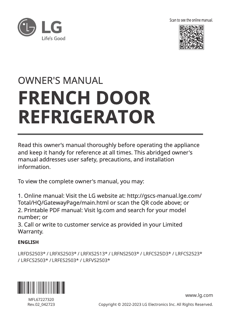 Page n°1 - Manuel utilisateur LG LRFVS2503S