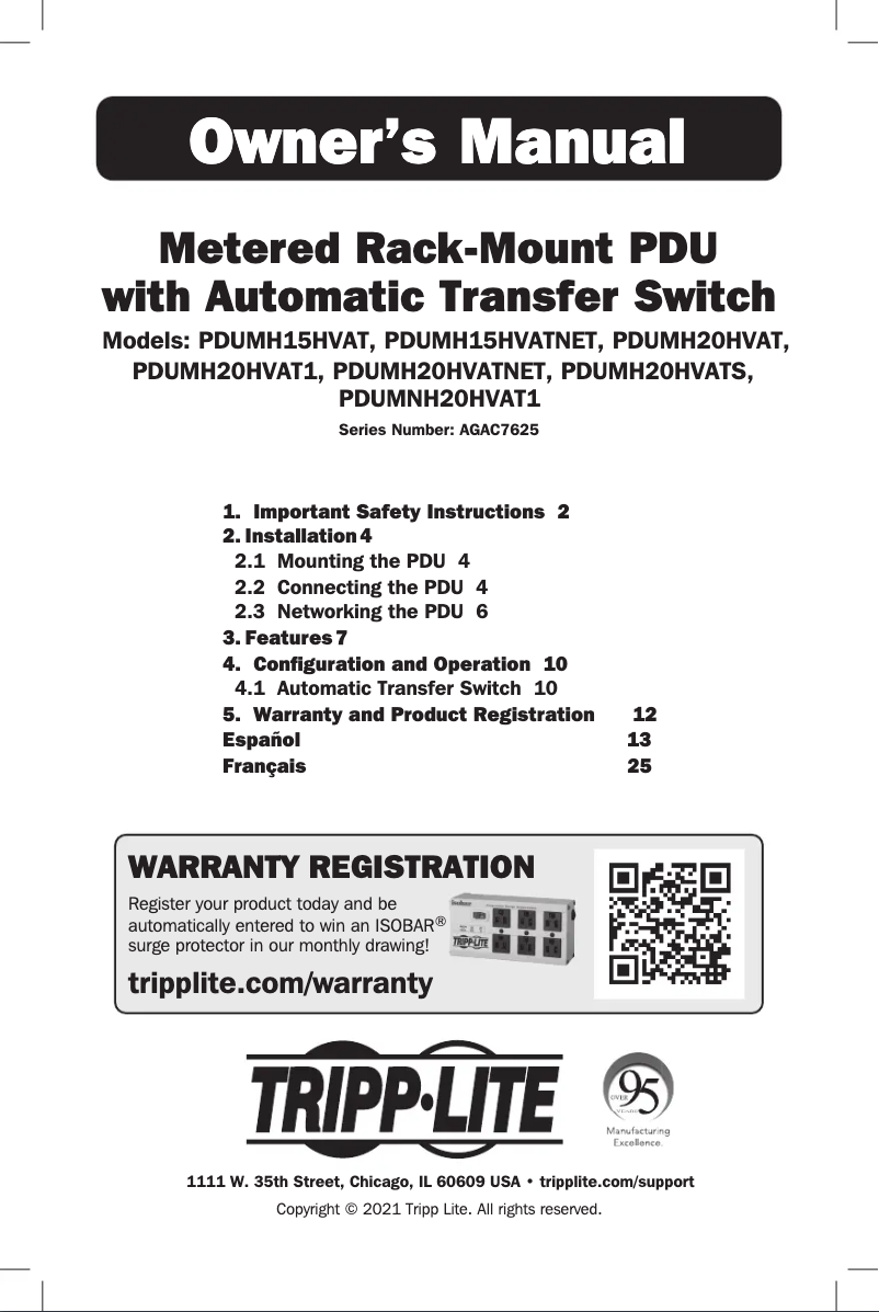 Page 1 de la notice Manuel utilisateur Tripp Lite PDUMNH20HVAT1