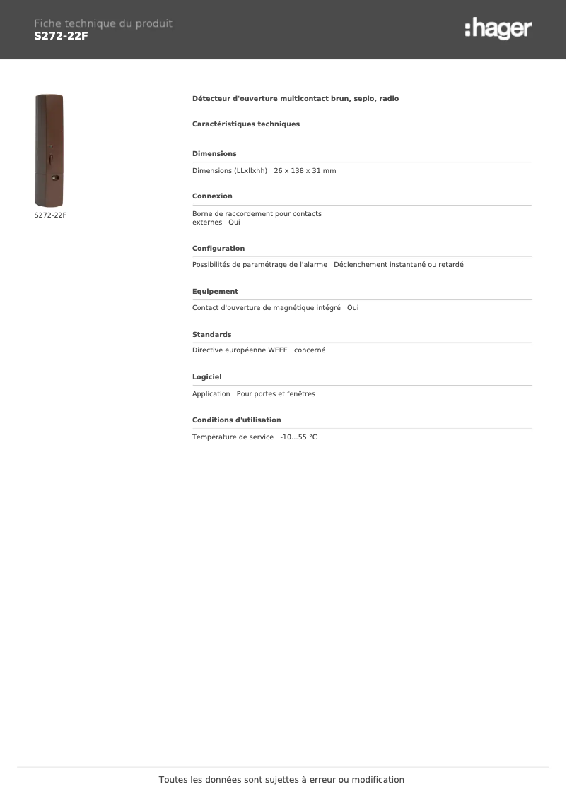 Page 1 de la notice Fiche technique Hager S272-22F