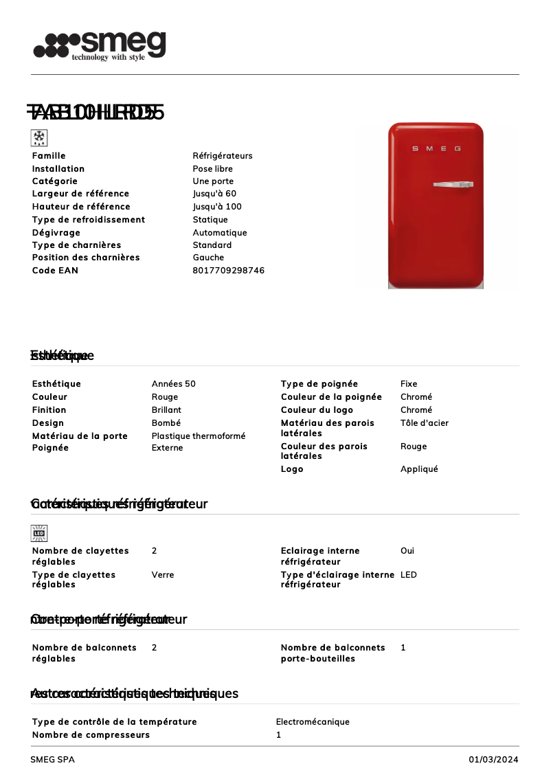 Page n°1 - Fiche technique Smeg FAB10HLRD5