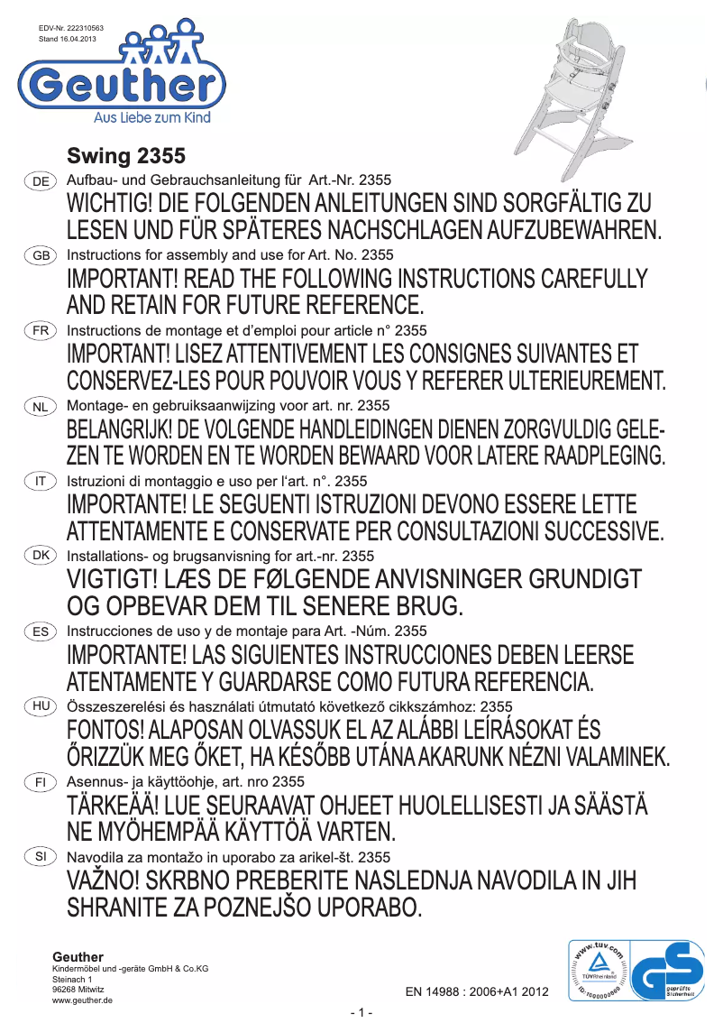Image de la première page du manuel de l'appareil Swing