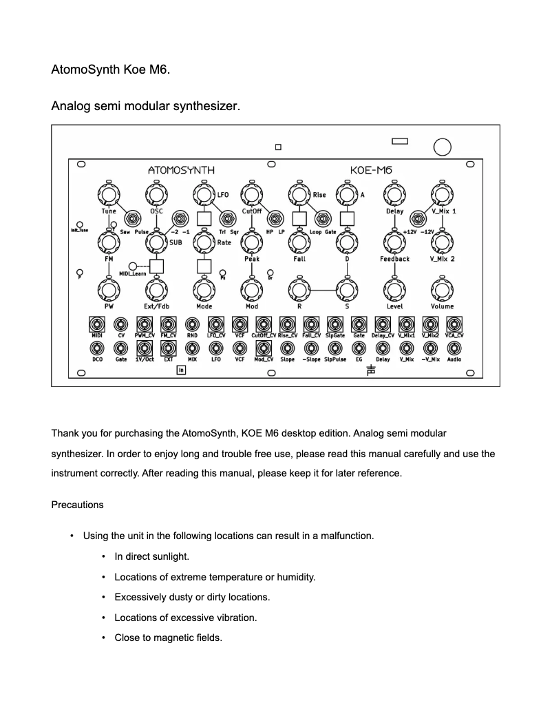 Page 1 de la notice Manuel utilisateur AtomoSynth KOE-M6