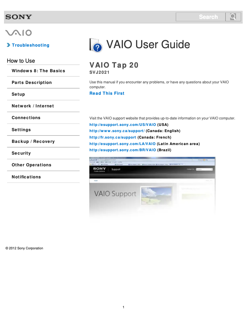Page n°1 - Manuel utilisateur Sony Vaio Tap 20