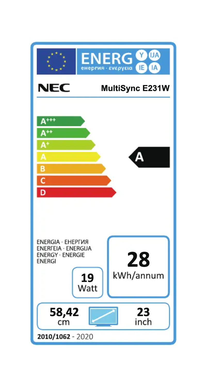 Page 1 de la notice Label énergétique NEC MultiSync E231W