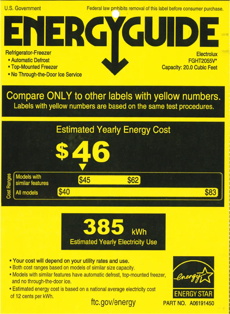 Page 1 de la notice Label énergétique Frigidaire FGHT2055VD