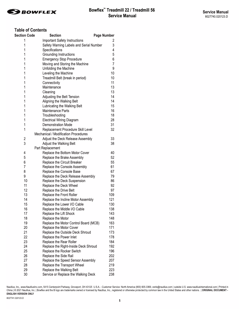 Page n°1 - Manuel utilisateur Bowflex Treadmill 56
