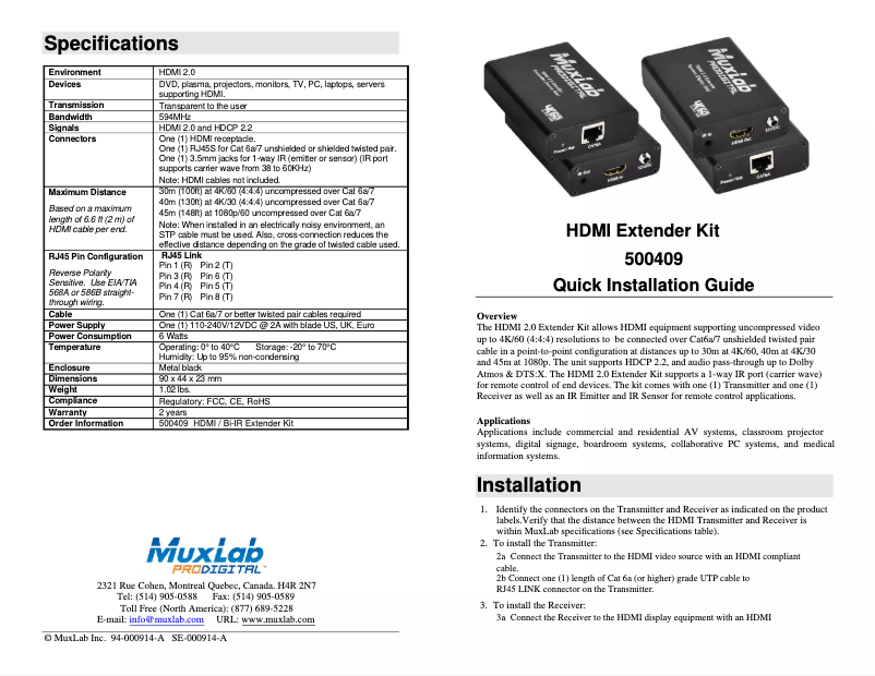 Page 1 de la notice Manuel utilisateur MuxLab 500409