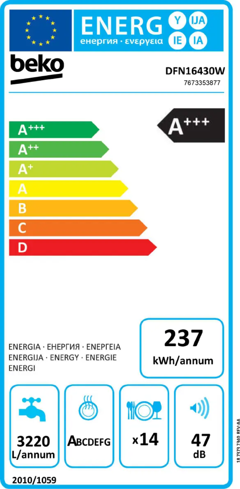Page 1 de la notice Label énergétique Beko DFN16430