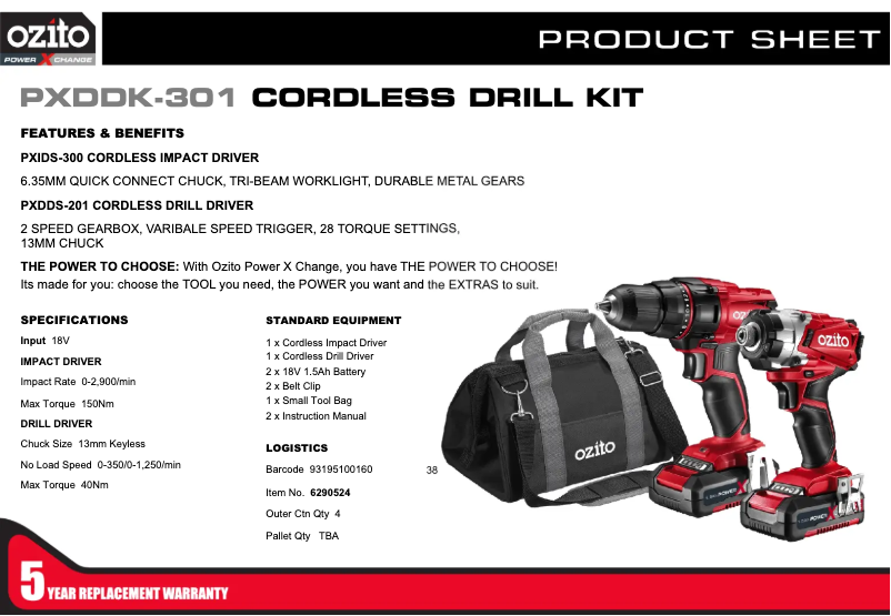 Página 1 del manual Ficha técnica Ozito PXDDK-301