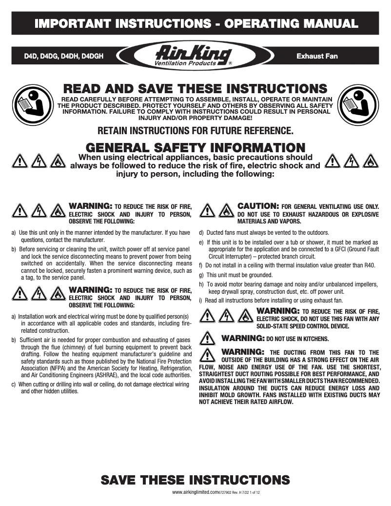 Page 1 de la notice Instructions / montage Air King DL4S