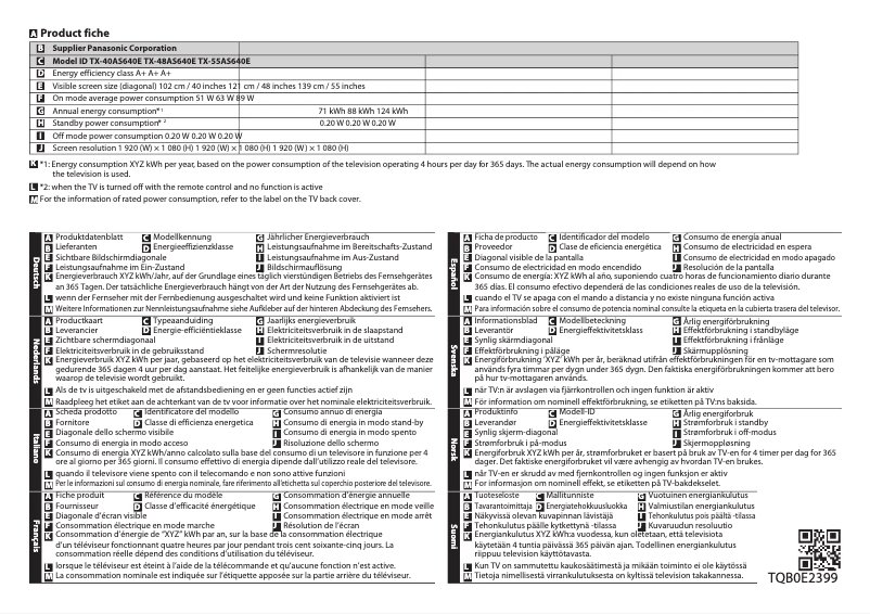 Page 1 de la notice Fiche technique Panasonic TX-55AS640E