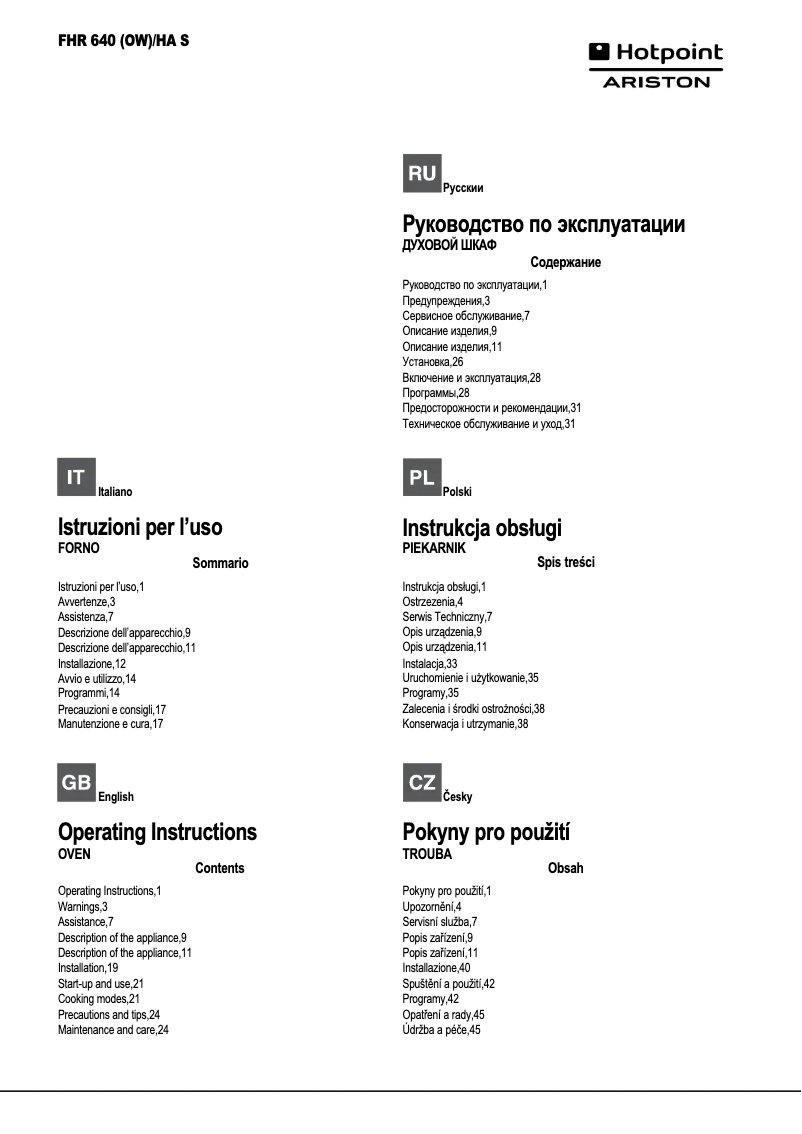 Page n°1 - Manuel utilisateur Hotpoint Ariston FHR 640 (OW)/HA S