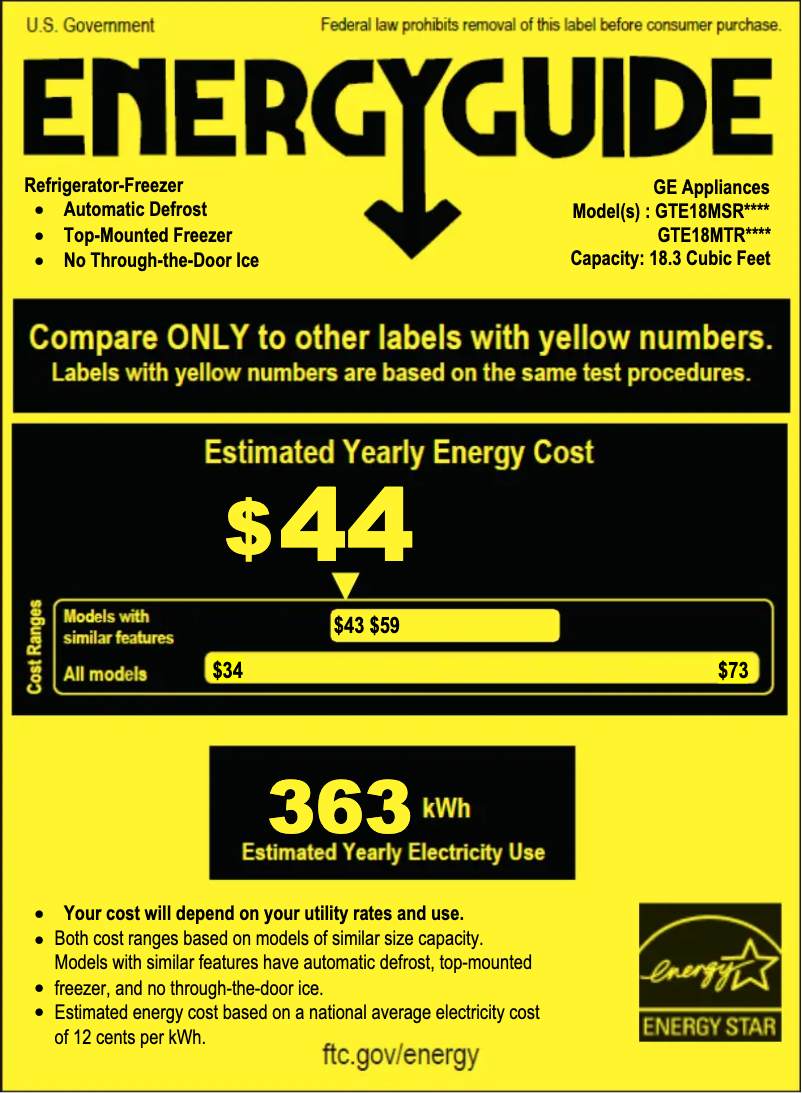 Page 1 de la notice Label énergétique GE GTE18MTRRBB