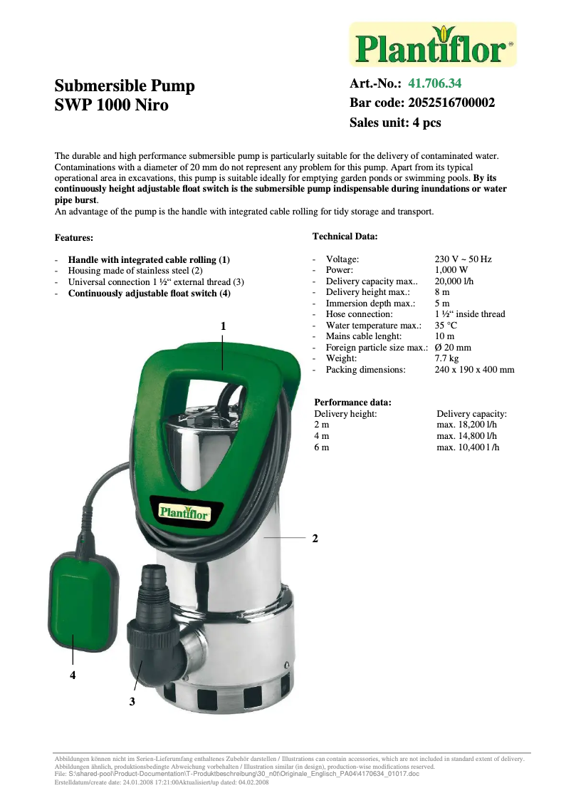 Image de la première page du manuel de l'appareil SWP 1000 Niro