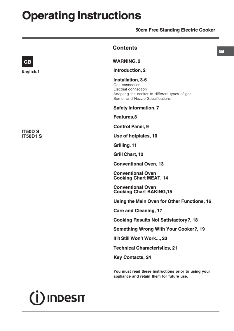 Page n°1 - Manuel utilisateur Indesit IT50D1XX S