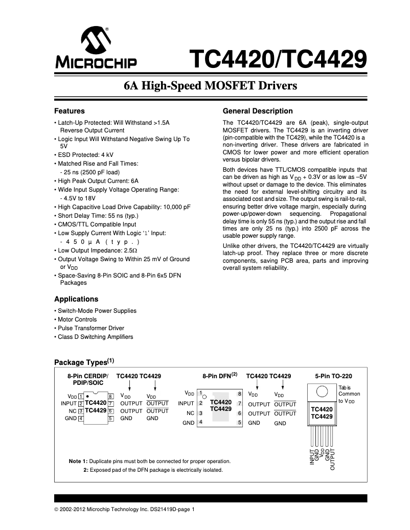 Page 1 de la notice Fiche technique Microchip TC4420