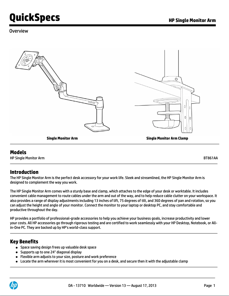 Page 1 de la notice Manuel utilisateur HP Single Monitor Arm