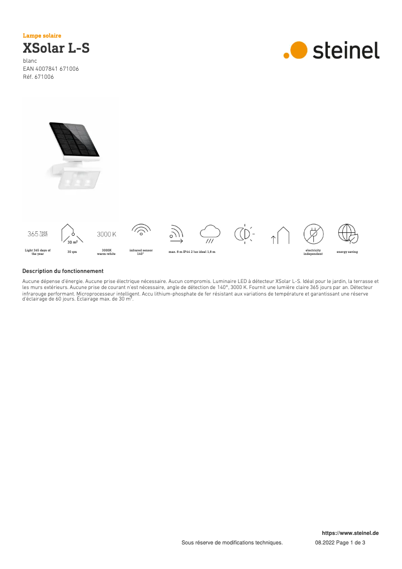 Page 1 de la notice Fiche technique Steinel XSolar L