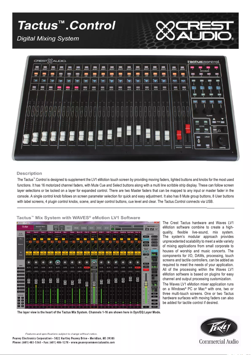 Page n°1 - Fiche technique Crest Audio Tactus Control Surface