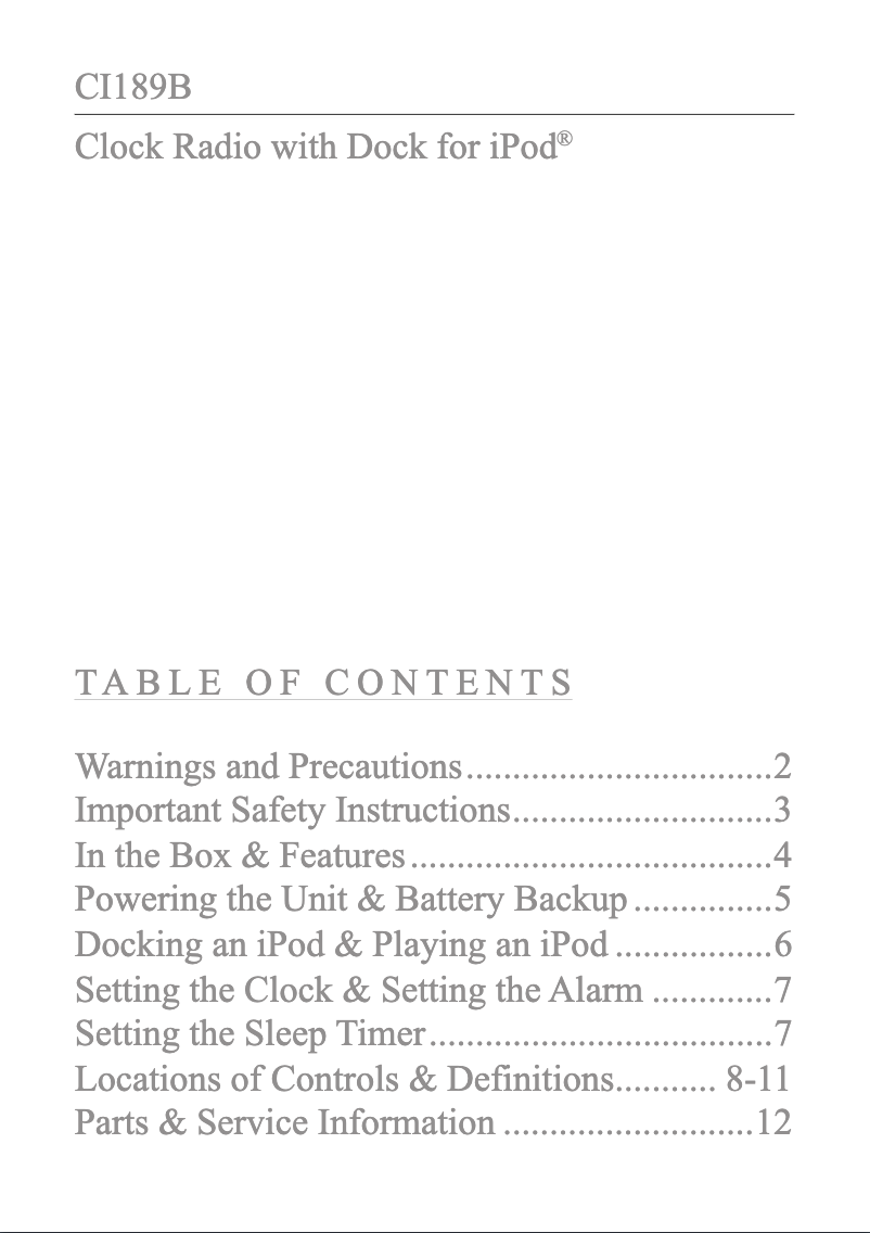 Page n°1 - Manuel utilisateur GPX CI189