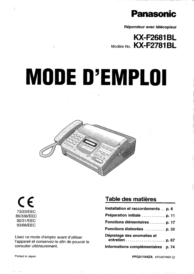 Image de la première page du manuel de l'appareil KX-F2781BL