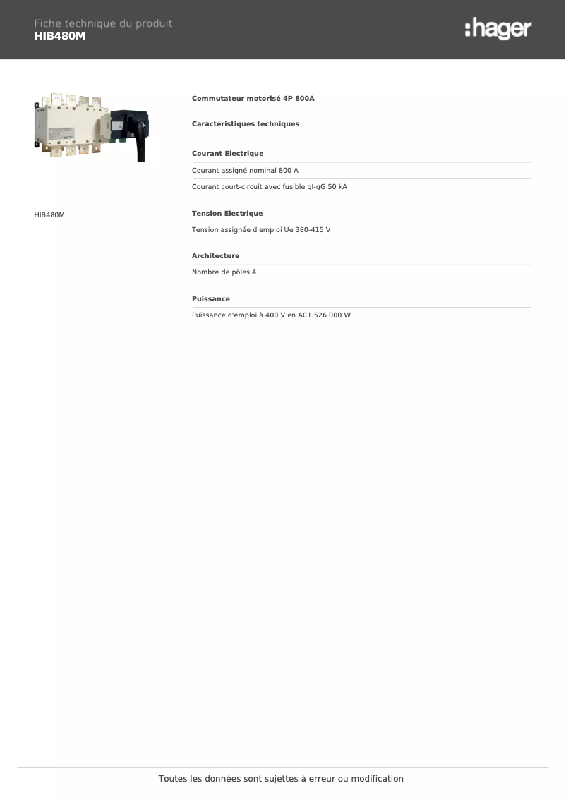 Page 1 de la notice Fiche technique Hager HIB480M